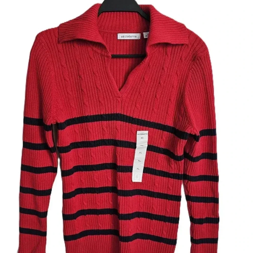 Liz Claiborne Cable Knit Red Black Striped Knit Sweater XL NWT